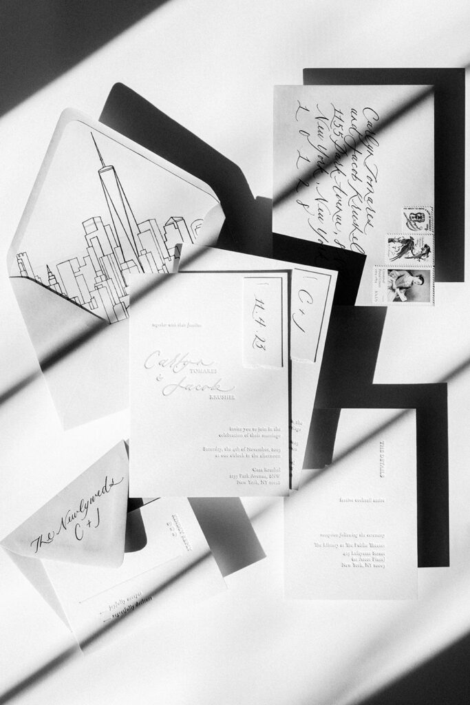 New York destination wedding invitations. Custom letterpress invitation suite calligraphy and stationary by Birdsong Bespoke.
