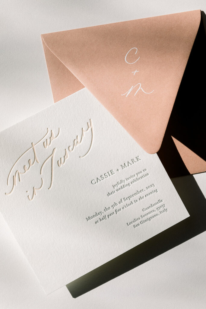 Tuscany, Italy destination wedding invitations. Custom letterpress invitation suite calligraphy and stationary by Birdsong Bespoke.