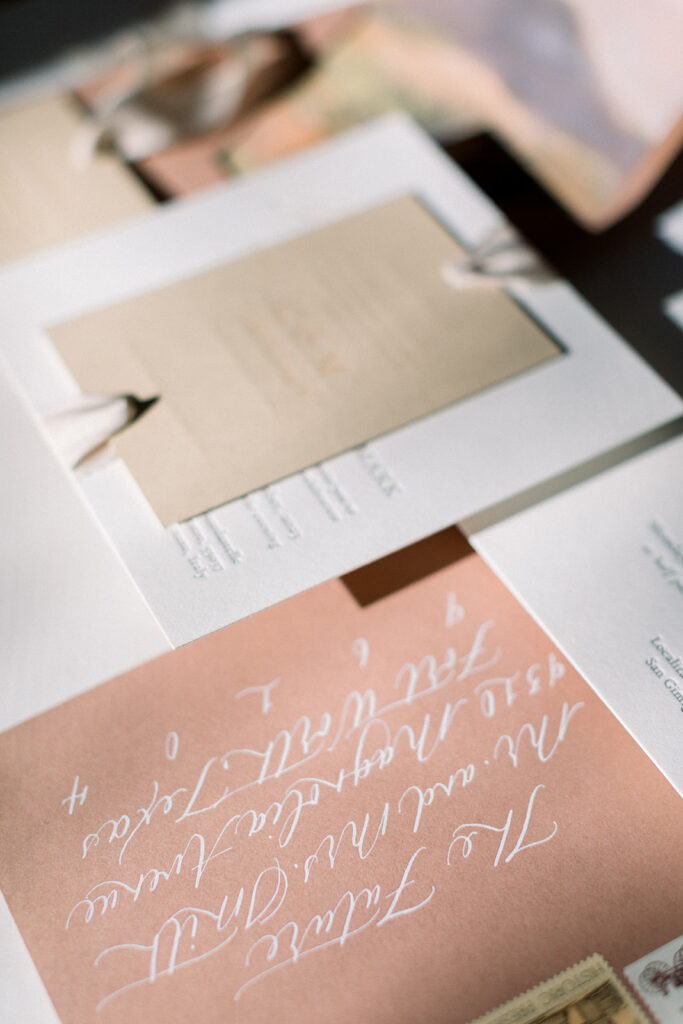 Tuscany, Italy destination wedding invitations. Custom letterpress invitation suite calligraphy and stationary by Birdsong Bespoke.